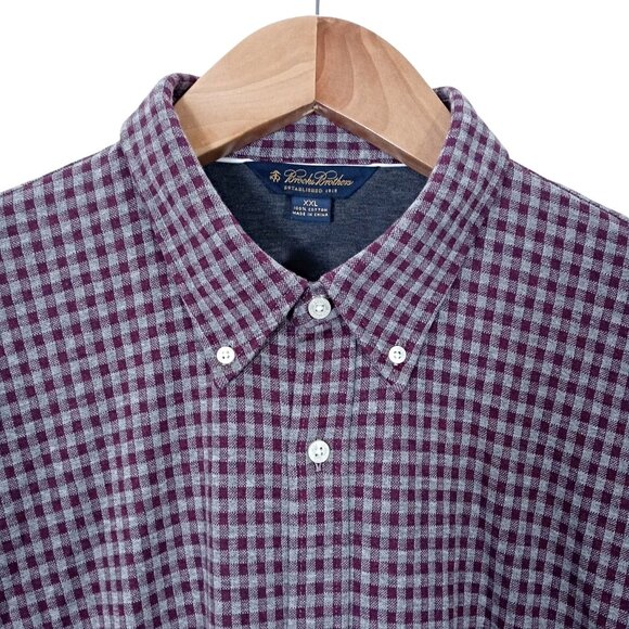 Brooks Brothers Mens Knit Button Down Shirt Wine Gray Plaid Cotton Size XXL